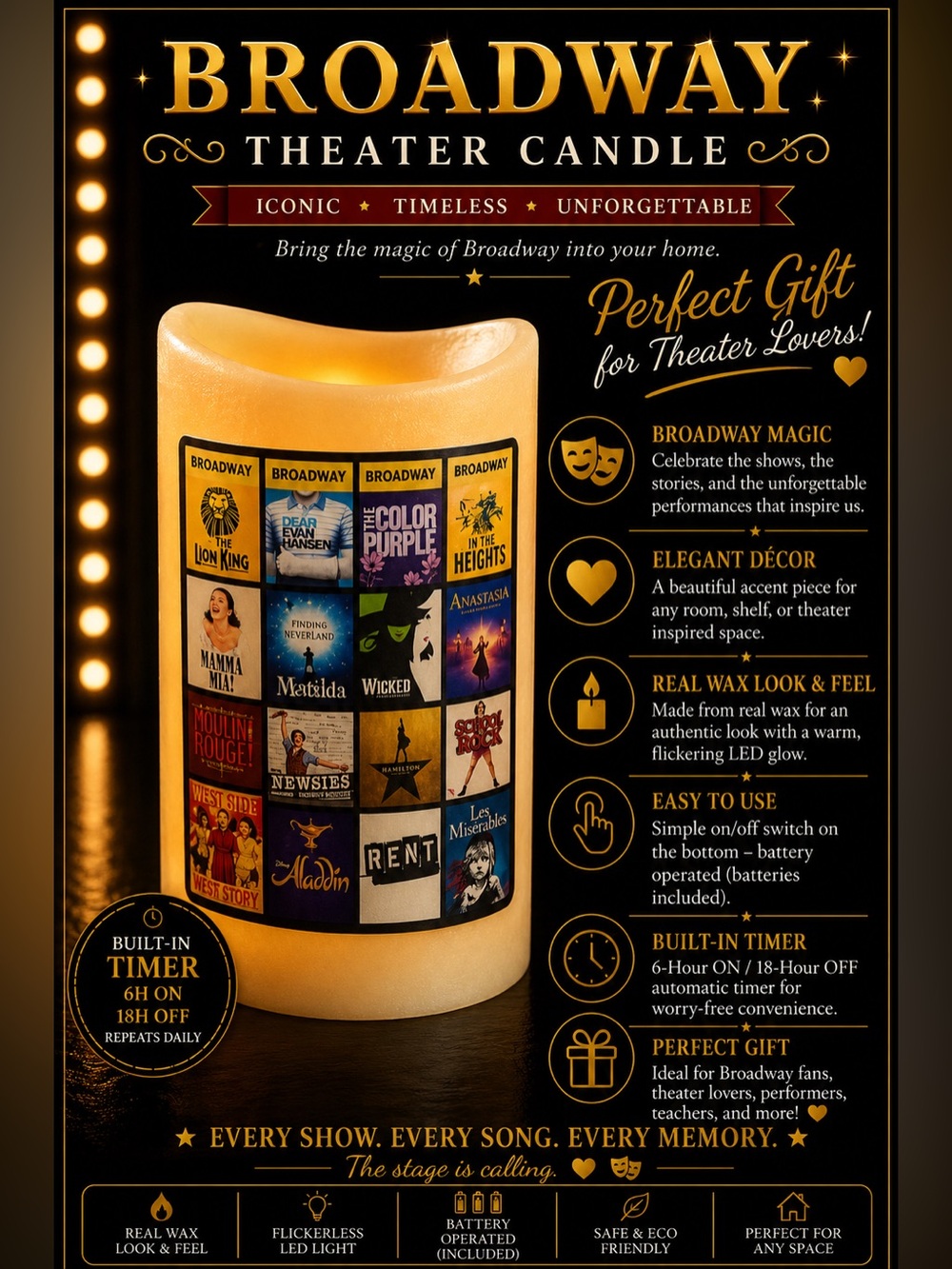*30off3* Broadway Musical Theater Flameless Candle w Timer